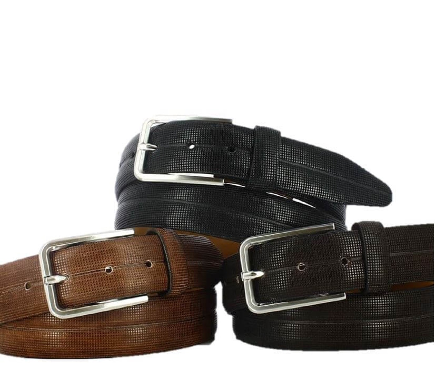 A black Italian braided leather belt with a polished buckle, worn with a navy suit