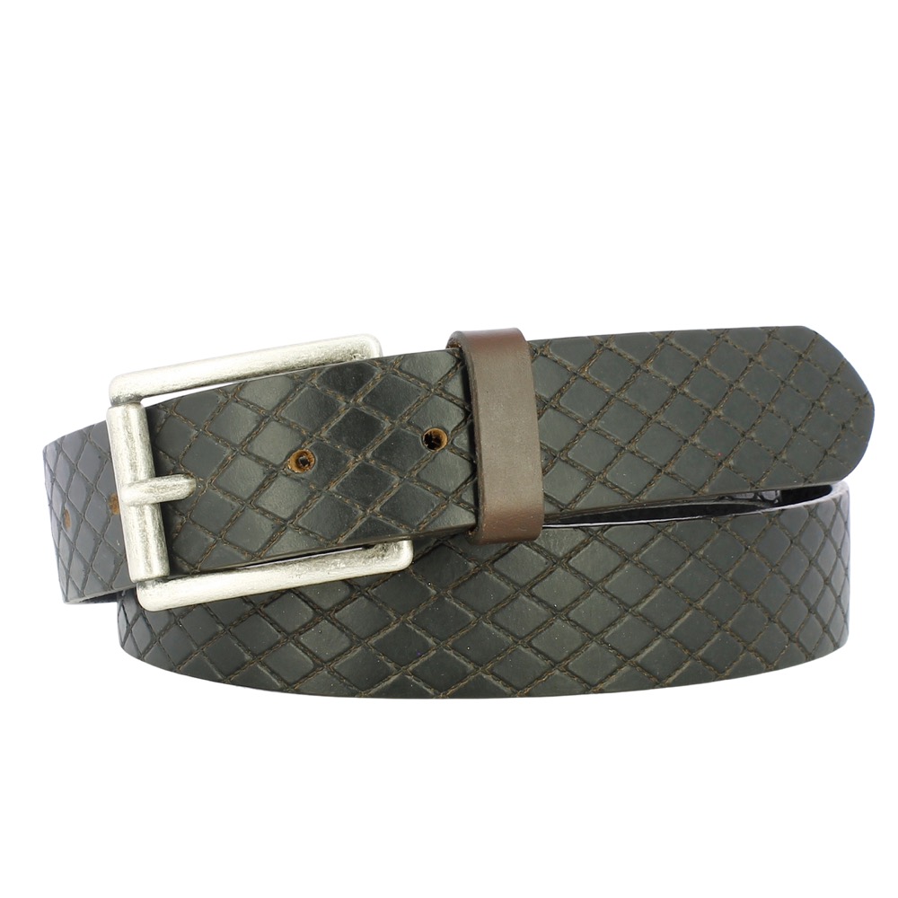 CARLO belt in diamond-embossed leather with an antiqued nickel buckle and brown keeper